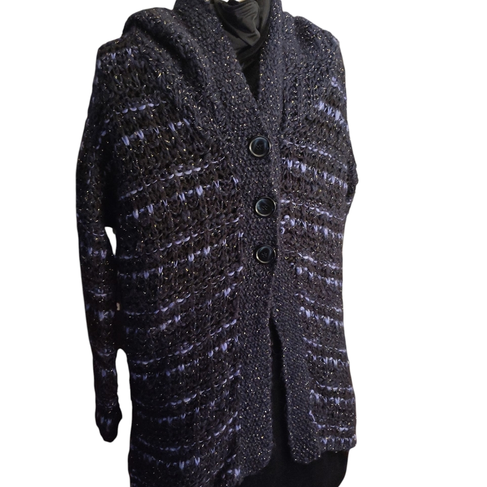 Intimately Free People Black Navy  Purple Gold Fleck Knit Hooded Cardigan XS  47